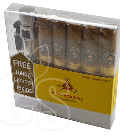 MONTECRISTO CLASSIC 5 TORO CIGARS & 1 TORCH LIGHTER