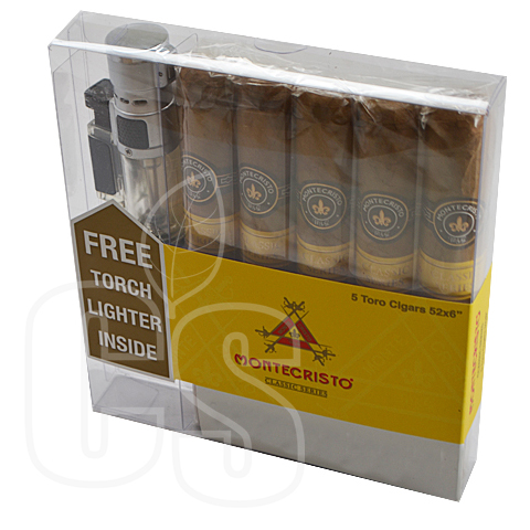 MONTECRISTO CLASSIC 5 TORO CIGARS & 1 TORCH LIGHTER